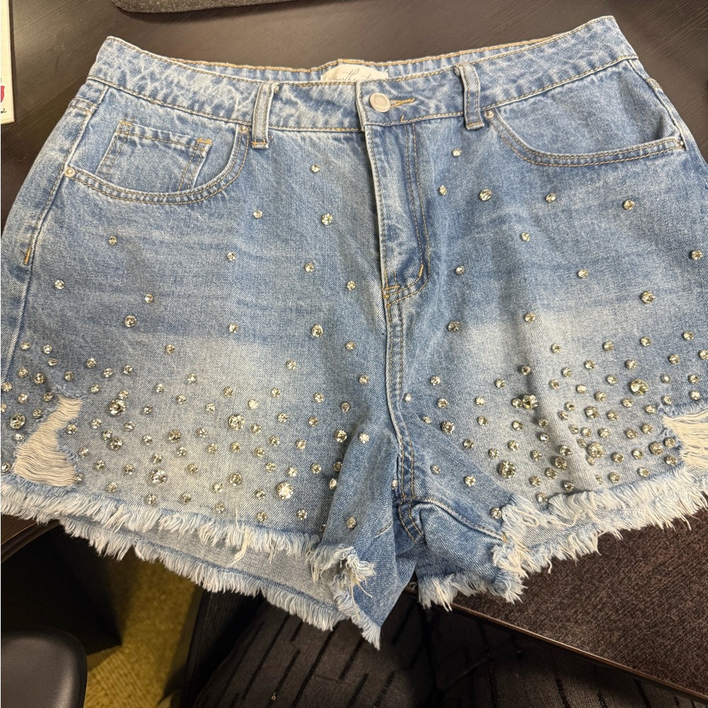 Embellished Blue Denim Shorts